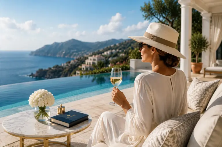 Sophisticated woman relaxing at a luxury wellness retreat